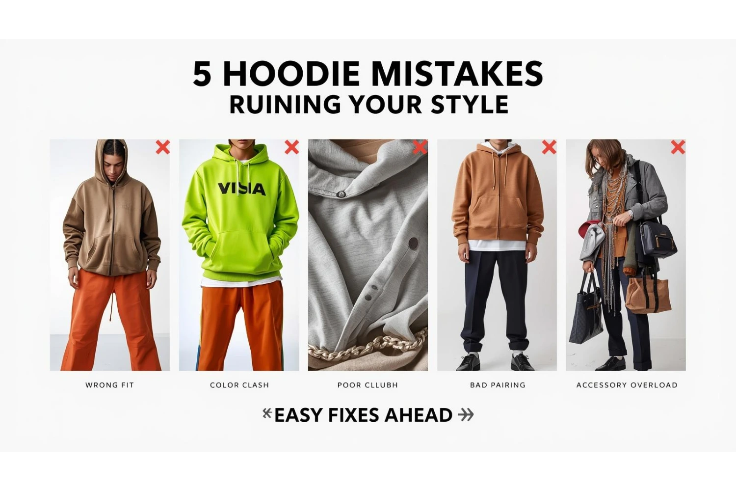 Common hoodie styling mistakes to avoid shown with right and wrong outfit examples.