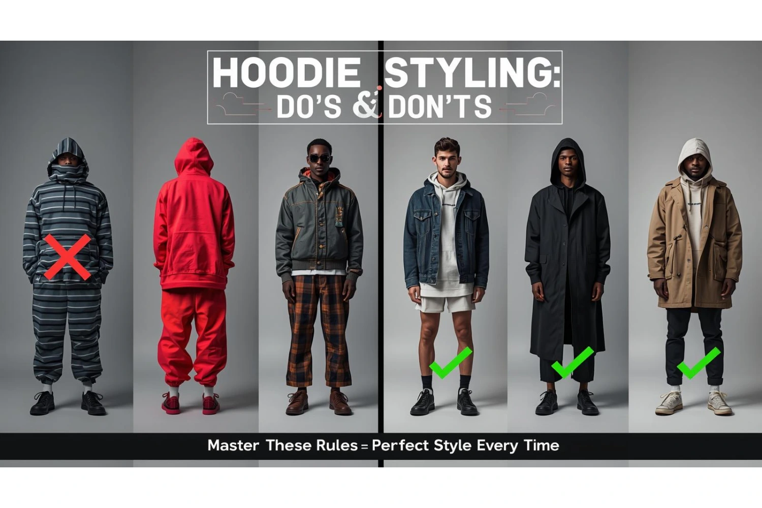 Common hoodie styling mistakes to avoid shown with right and wrong outfit examples. 
