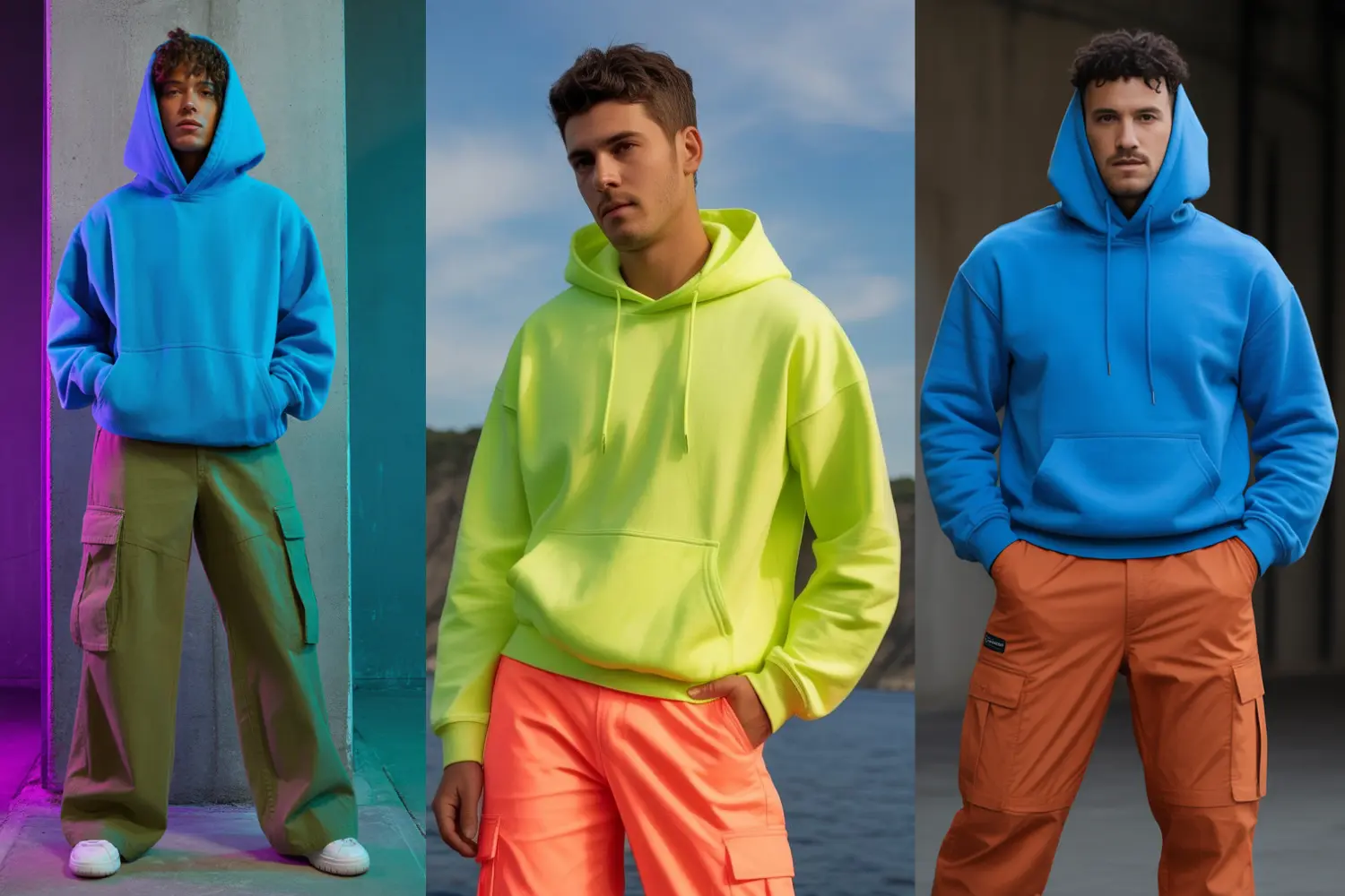 Match-Your-Neon-Hoodie-with-a-Contrasting-Color-in-Cargo-Pants