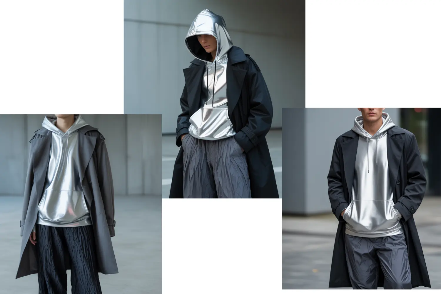 Silver-Hoodie-with-Trench-Coat-and-Crinkled-Pants.